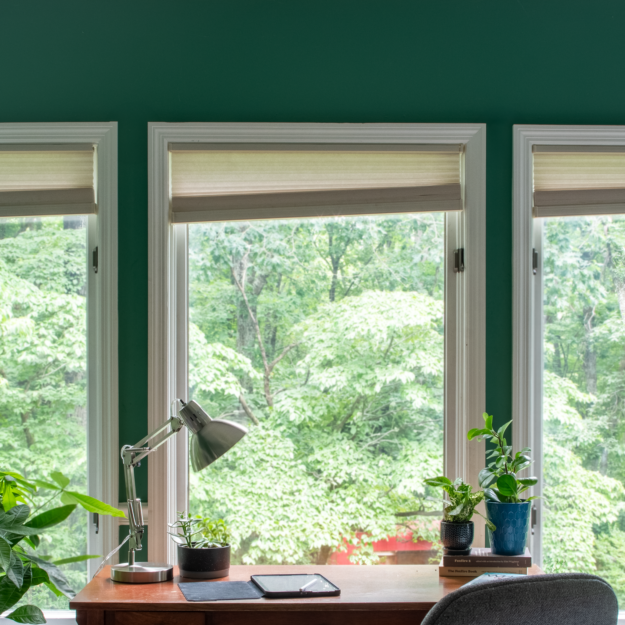 Shades without Lift Luxe Shade Straps. The misaligned shades disrupt the otherwise polished space, which includes a vintage wooden desk, a modern silver desk lamp, and lush green plants with a scenic outdoor view.