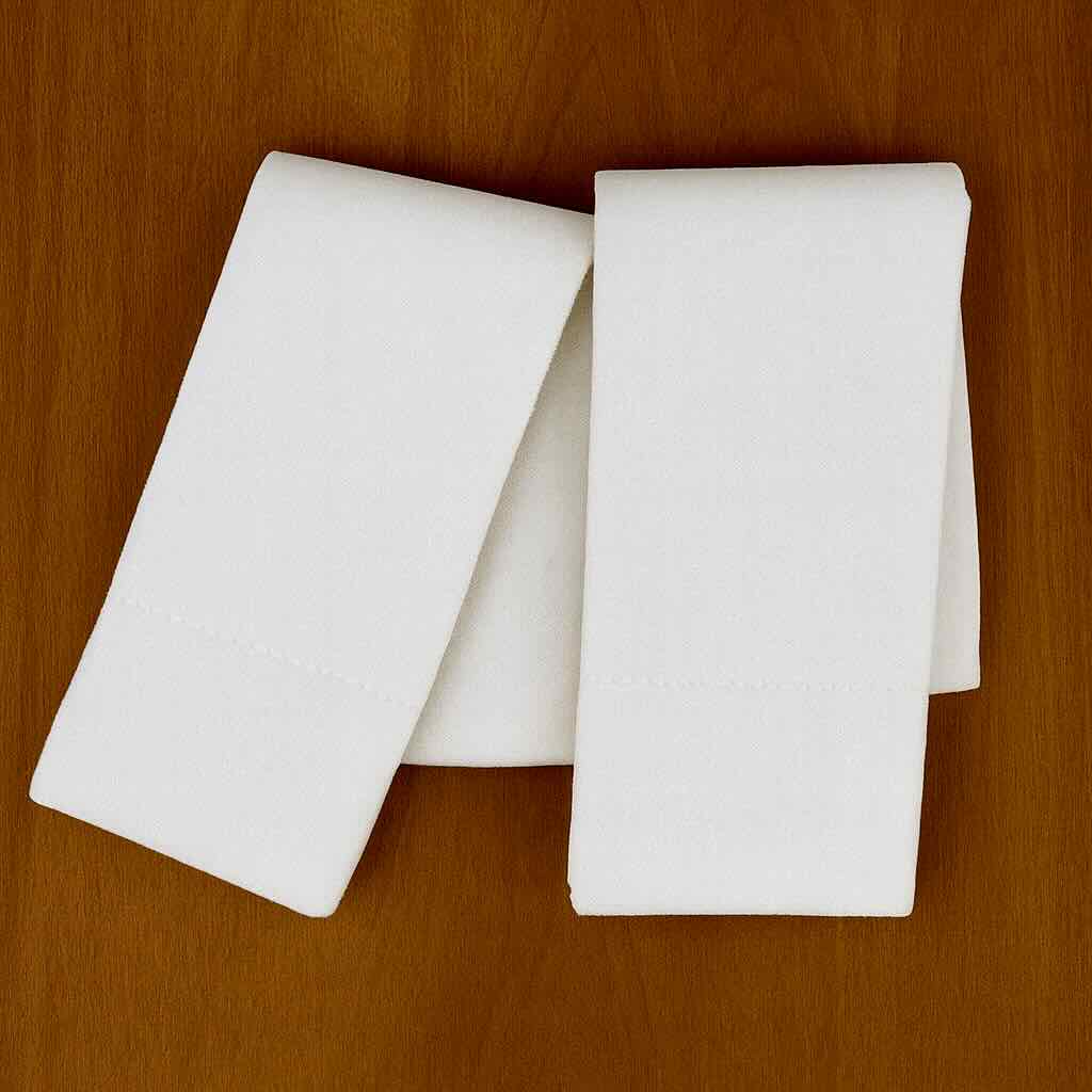 A pair of cotton white Lift Luxe Shade Straps folded neatly on a warm wooden surface, showcasing the clean minimalist design and smooth woven texture.