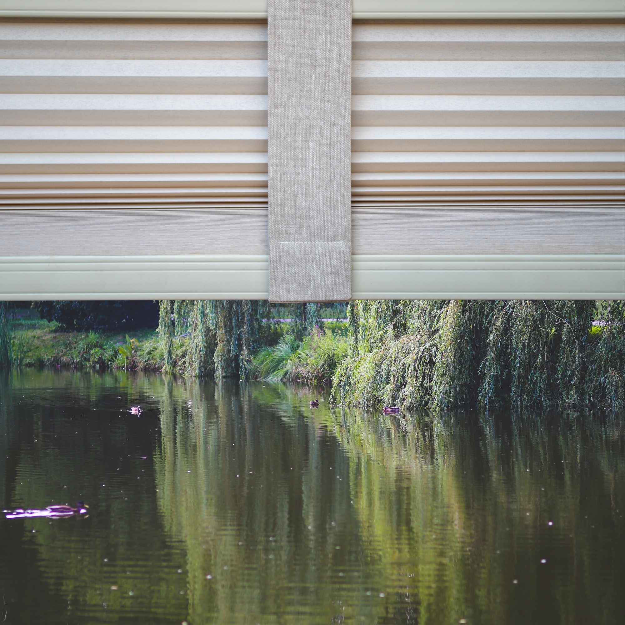 A Linen Beige Lift Luxe Shade Strap securing a pleated window shade, framing a tranquil lakeside scene with willow trees reflecting on the water. The natural fabric blends seamlessly with the soft, organic hues, creating a harmonious balance between structure and nature.